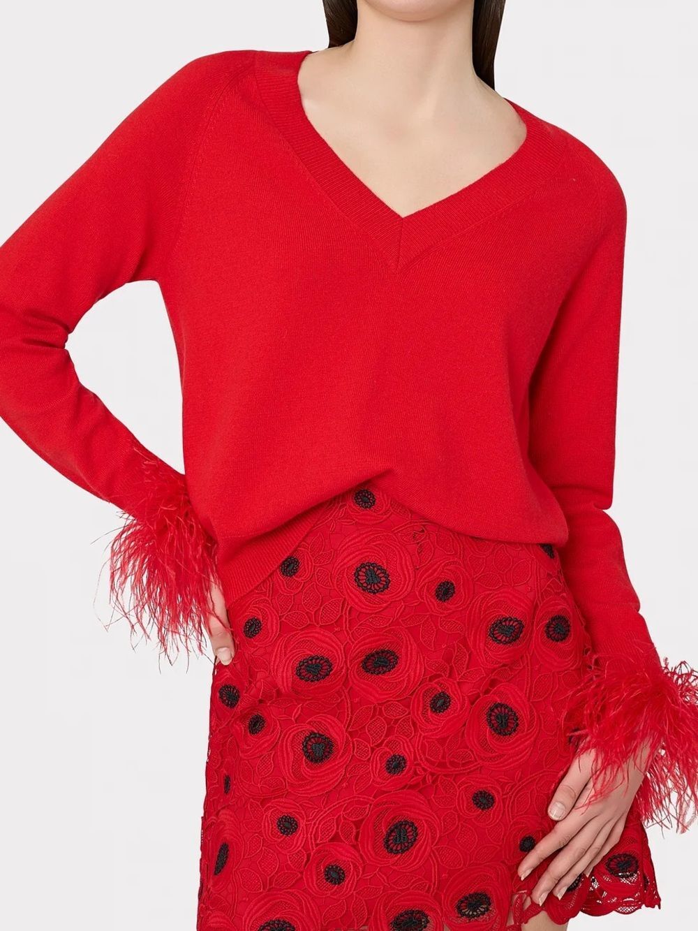 Milly Solid Red Feather Cuff V-Neck Long Sleeve Pullover Sweater Size Small NWT